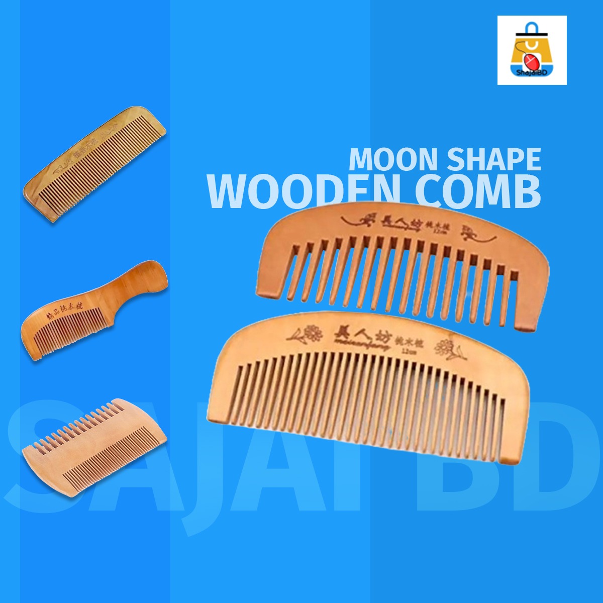 Moom shape wooden hair comb